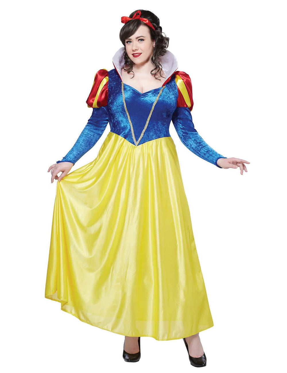 Disfraz de Blancanieves para mujer amarillo y azul con diadema rojo