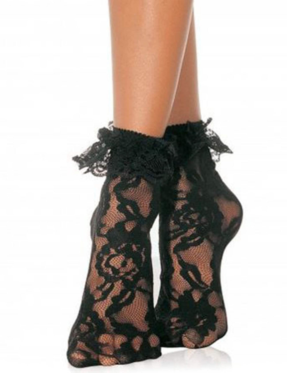 Calcetines tobilleros de encaje para mujer negros con volantes