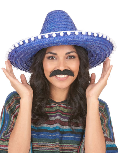 Sombrero azul mexicano pompones adulto