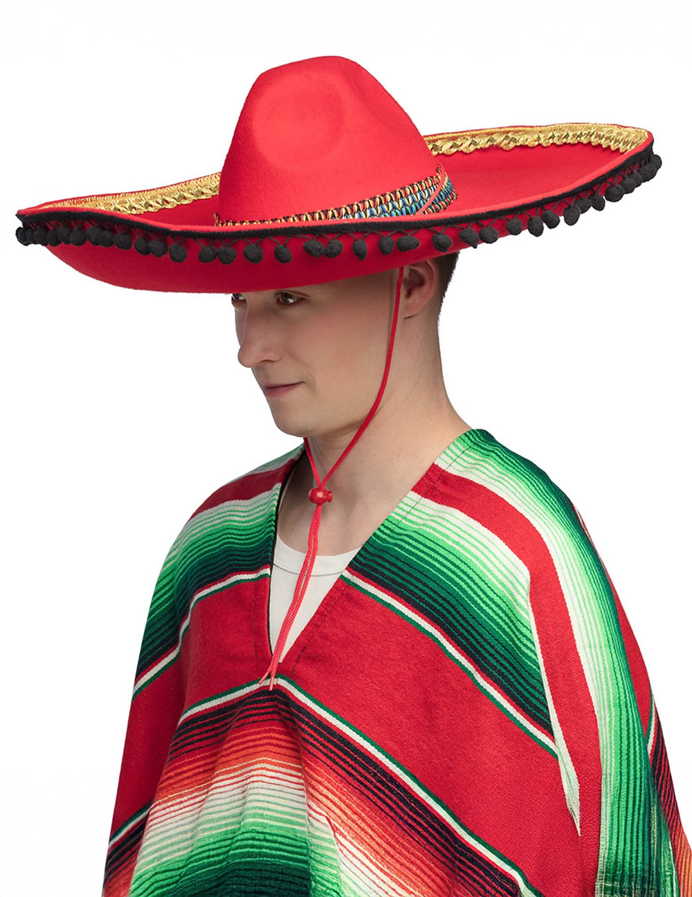 Vue de profil du sombrero mexicain pour adulte rouge à pompons deluxe