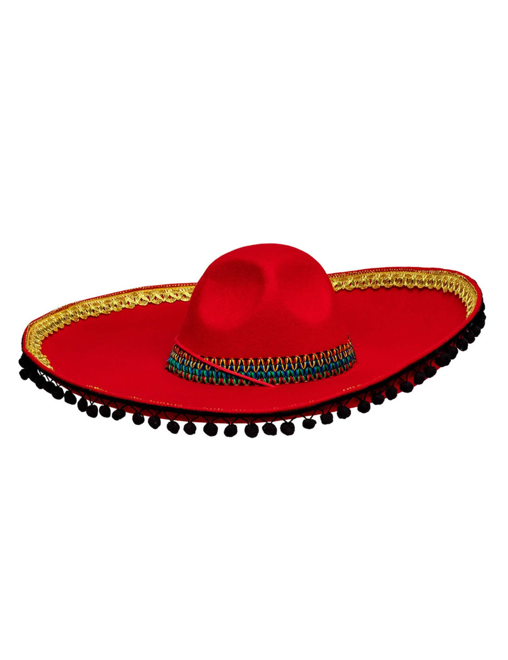 Vue de face du sombrero mexicain pour adulte rouge à pompons deluxe