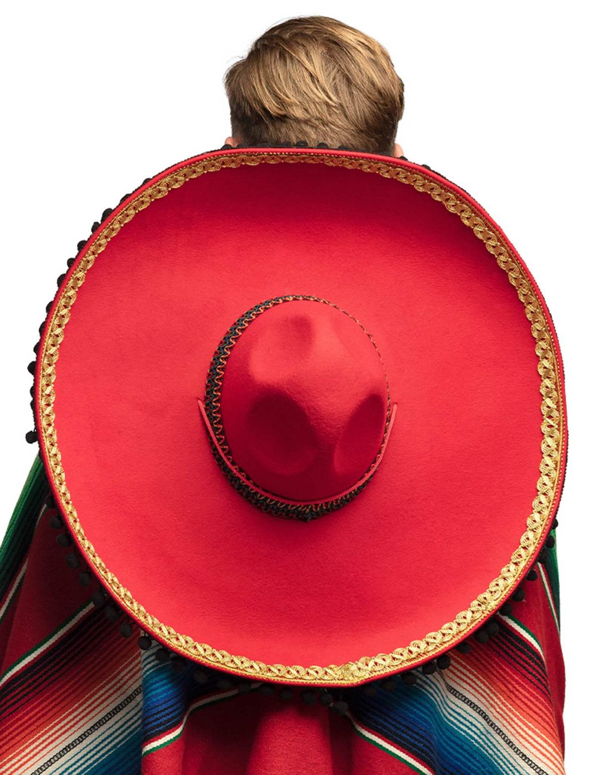 Vue de dessus du sombrero mexicain pour adulte rouge à pompons deluxe