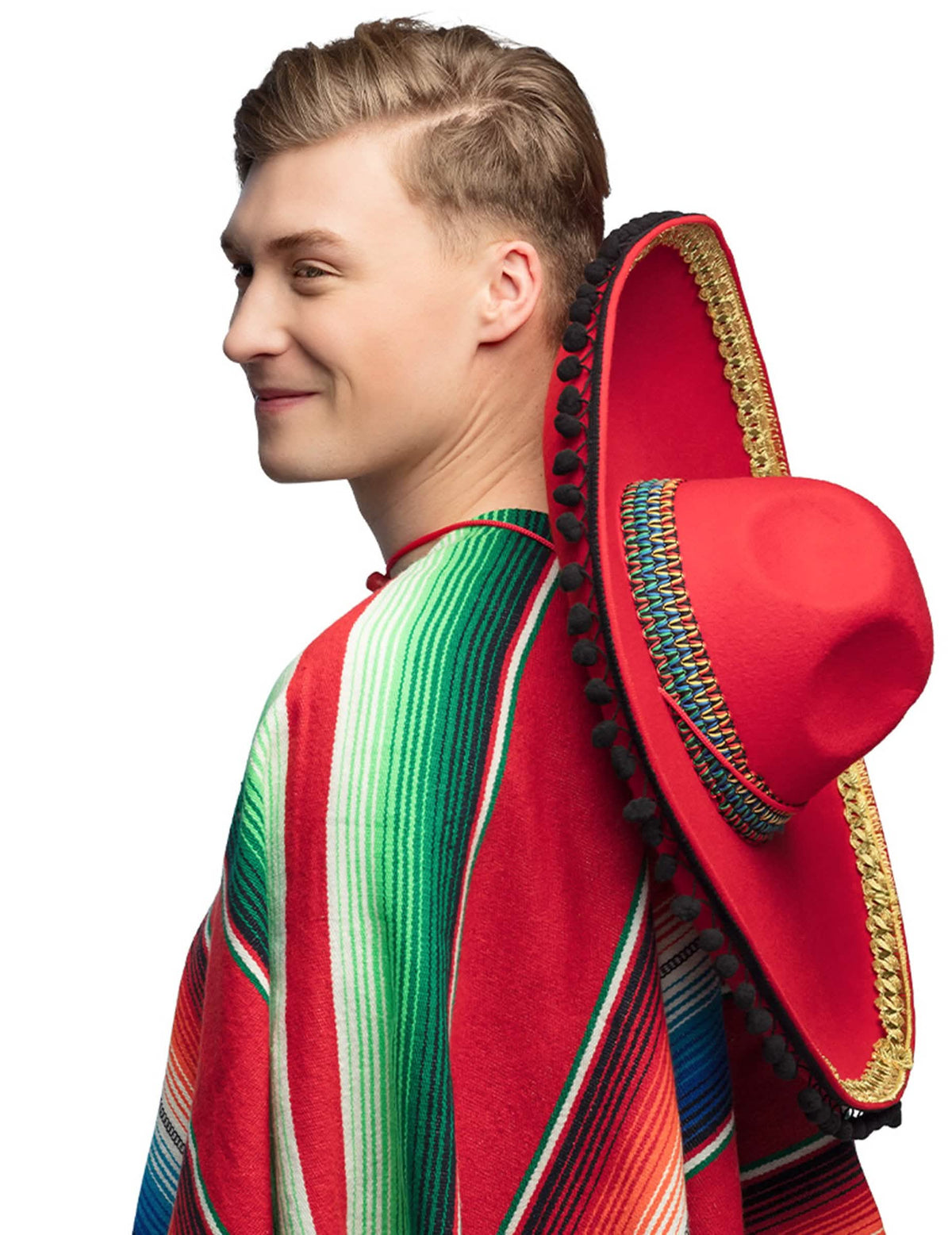 Vue de dos du sombrero mexicain pour adulte rouge à pompons deluxe