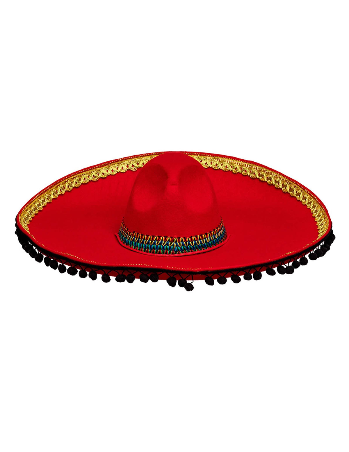 Sombrero mexicain deluxe pour adulte rouge à pompons noirs et dorés