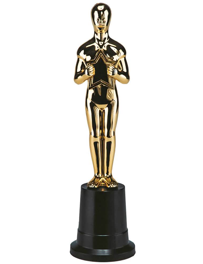 Estatuilla premio de cine dorada con estrella y base negro