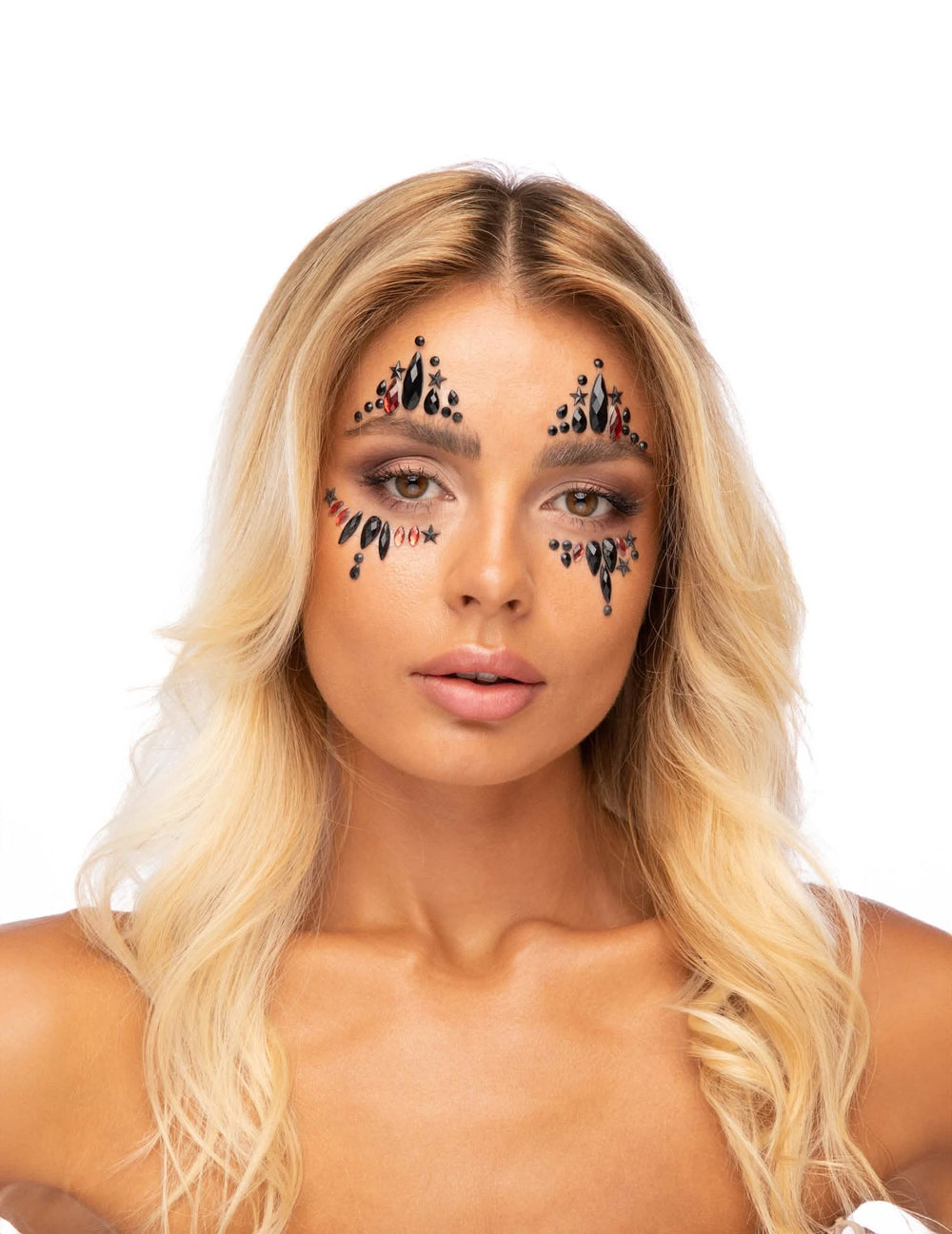 Strass adhésifs pour visage arlequine du mal pour femme noir et rouge