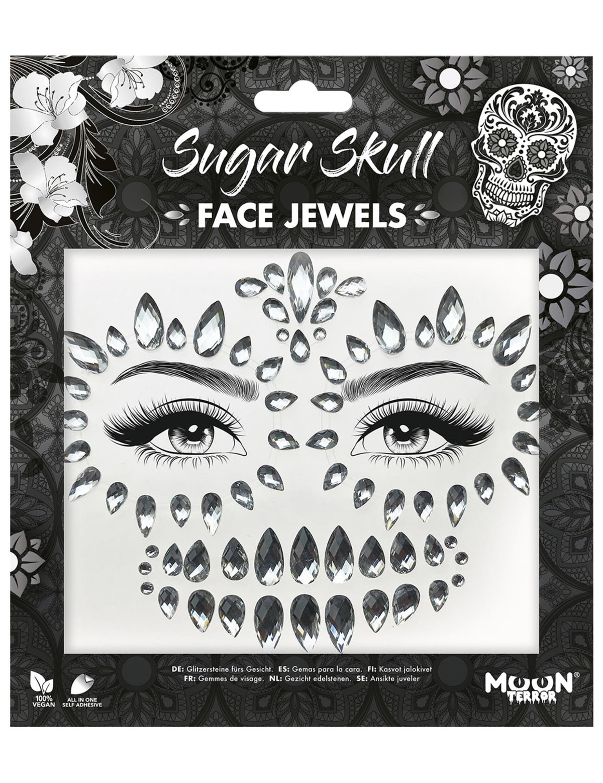 Détail de l'emballage des strass adhésifs pour visage squelette