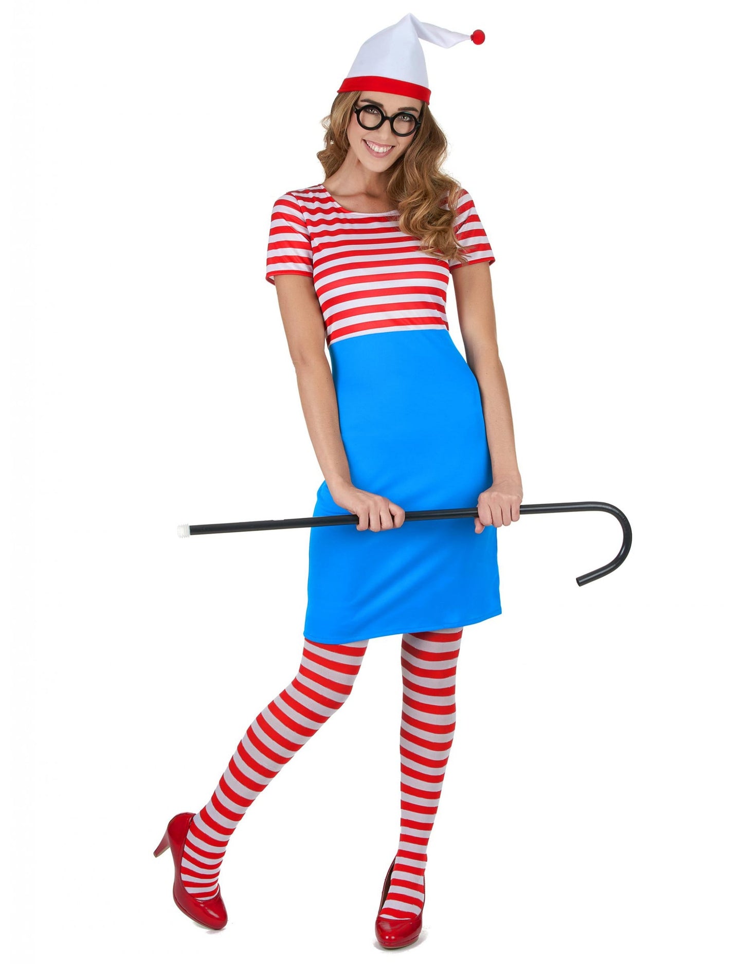 Déguisement de randonneur à rayures pour femme rouge, blanc et bleu avec bonnet et lunettes