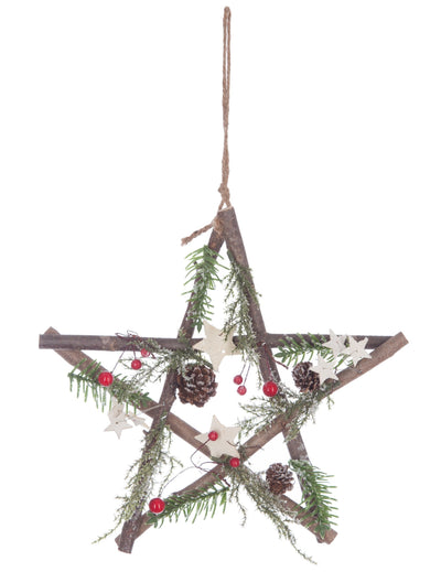 Suspension en bois étoile Noël pour décoration avec pommes de pin et baies rouges