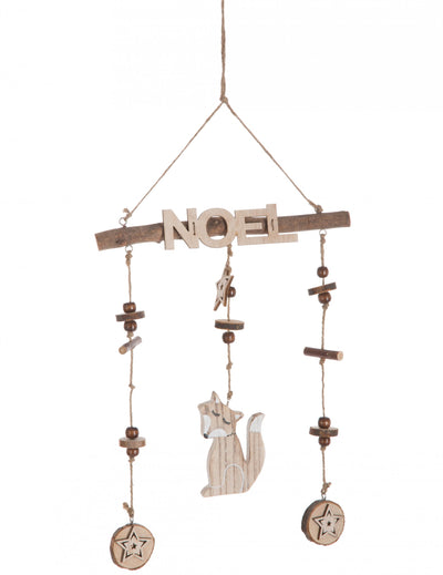 Suspension en bois Noël petit renard naturelle avec étoiles et perles