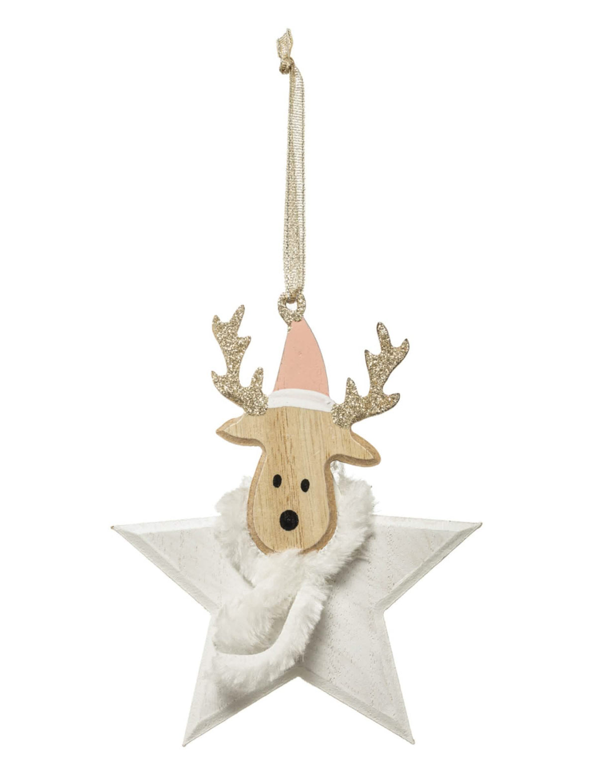 Suspension en bois renne étoile pour sapin avec bonnet rose et écharpe blanche