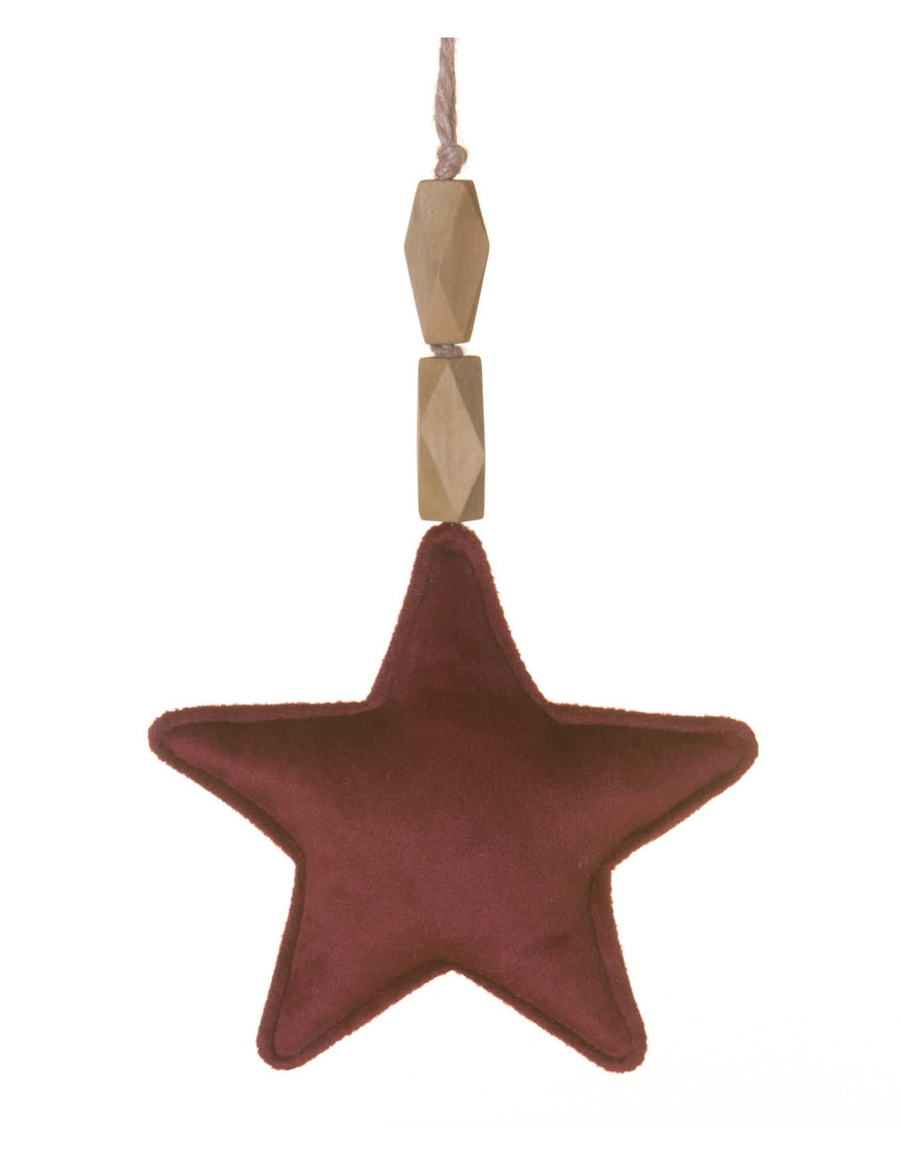 Suspensión estrella para árbol de Navidad burdeos en terciopelo con perlas de madera