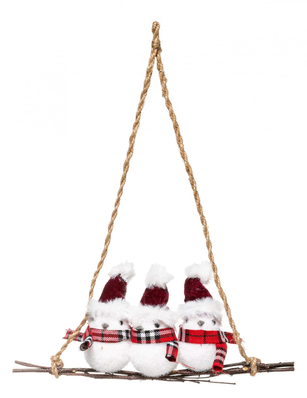Suspension 3 oiseaux sur branche pour décoration traditionnelle blanc et rouge avec bonnets et écharpes