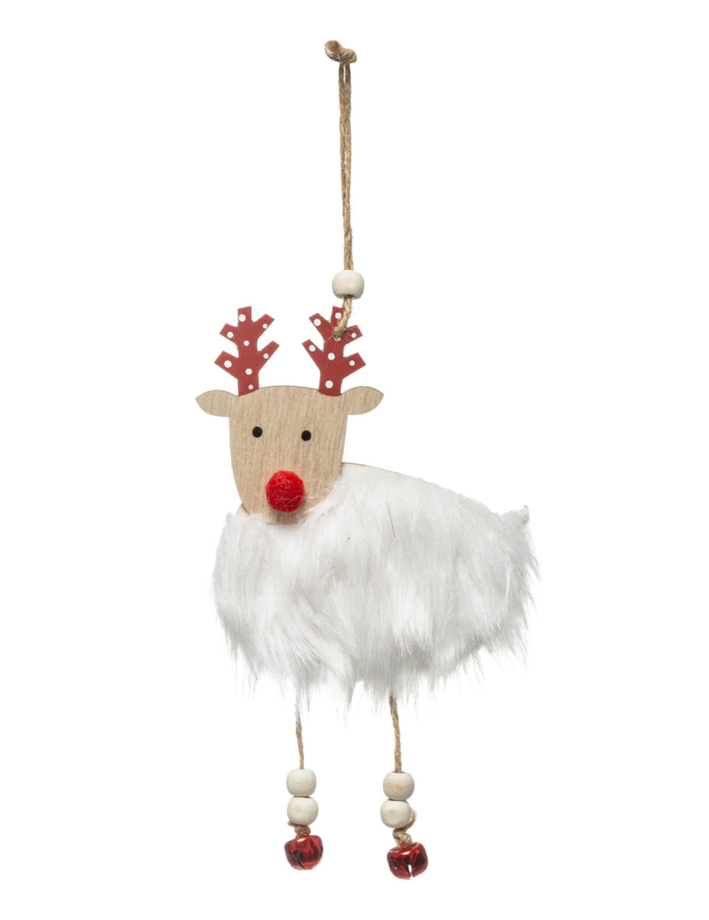 Suspension renne en bois pour décoration avec fourrure blanche et grelots rouges
