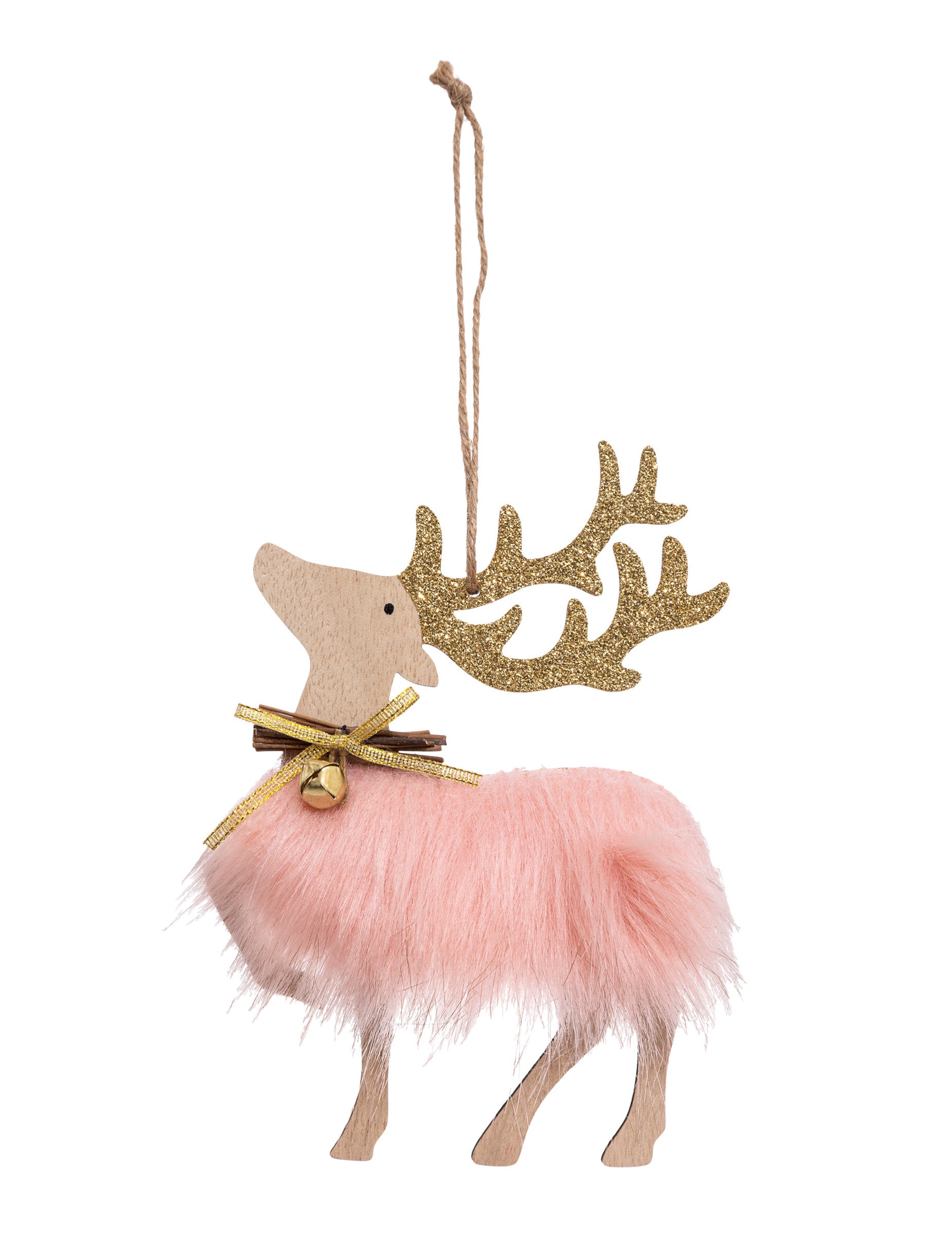 Suspension renne féérique pour décoration de Noël rose pailleté