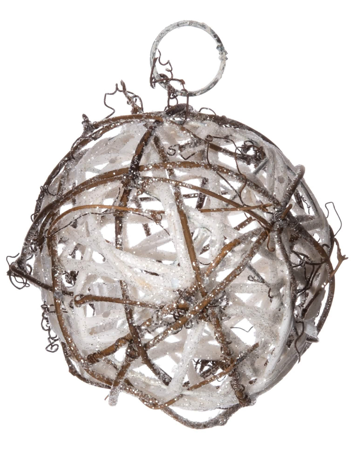 Suspensión bola de ratán para árbol de Navidad madera blanco con purpurina