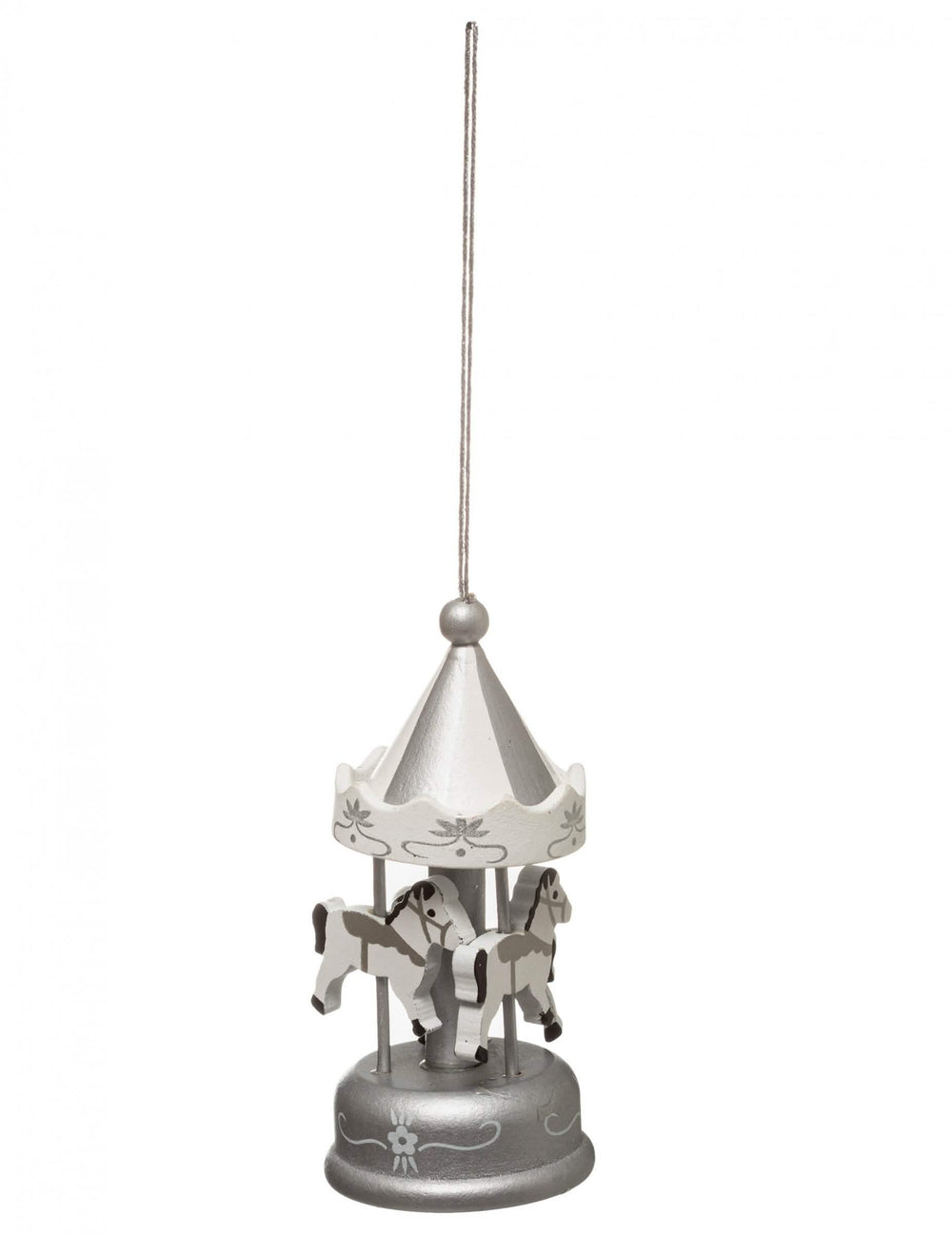 Suspension carrousel pour sapin argenté avec chevaux de bois