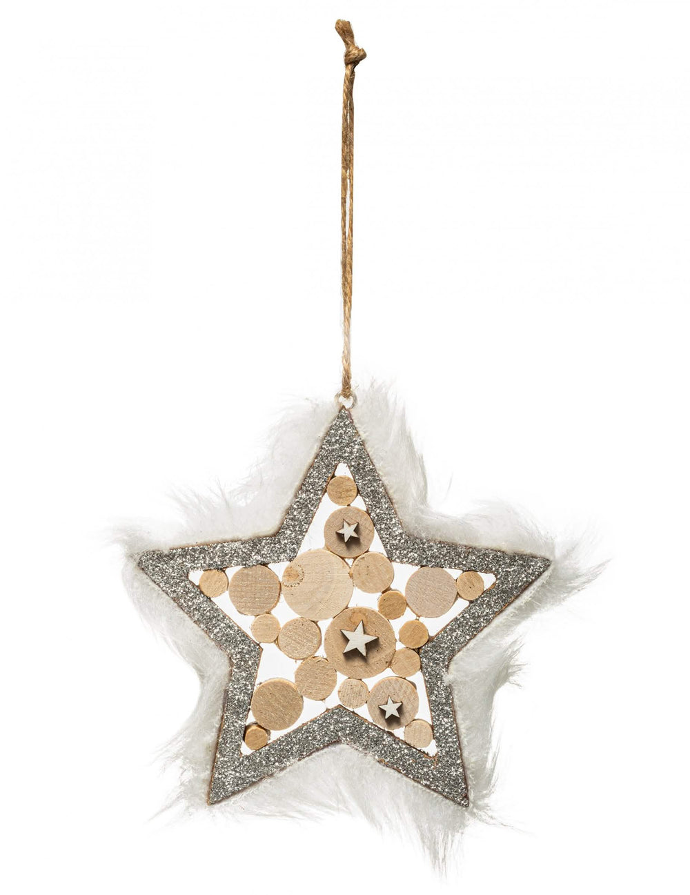 Suspension étoile en bois et argent pour sapin avec bordure en fourrure blanche