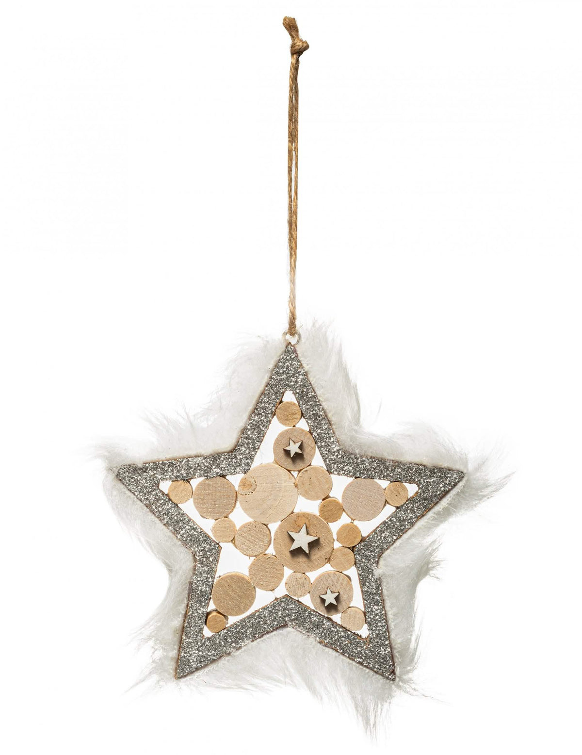 Suspension étoile en bois et argent pour sapin avec bordure en fourrure blanche