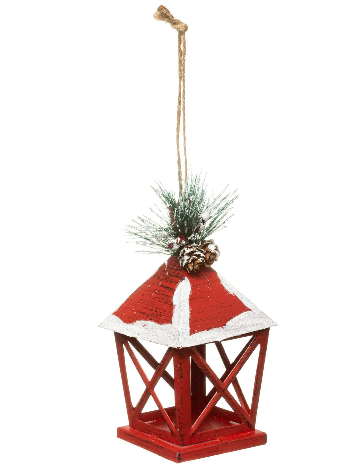 Suspension lanterne pour sapin rouge en fer avec décor de neige et pomme de pin