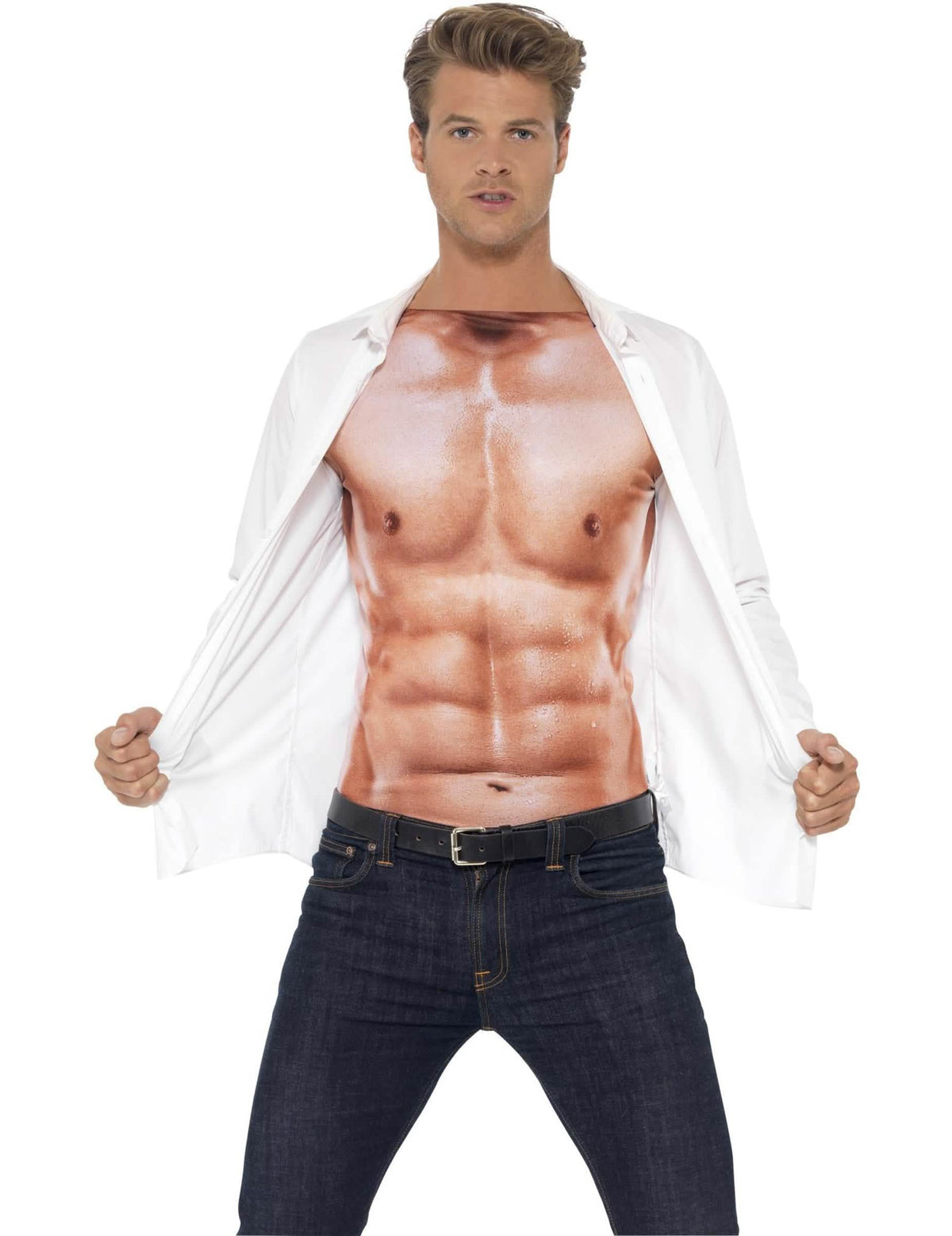Colocación bajo una camisa blanca abierta de las camisetas musculosas para adulto