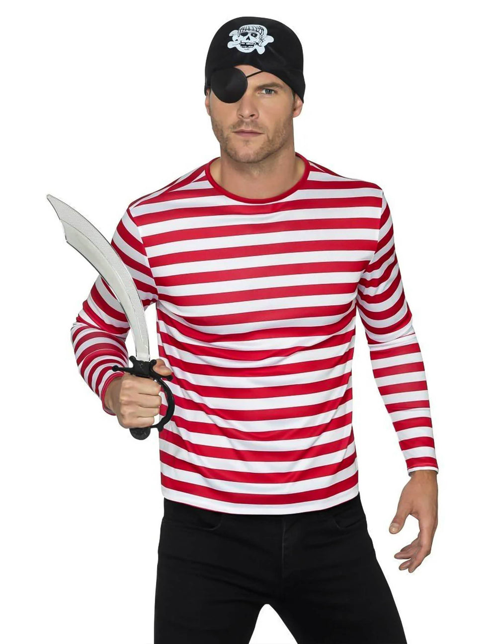 Vista con accesorios de pirata de la camiseta rayada para adulto rojo y blanco de manga larga