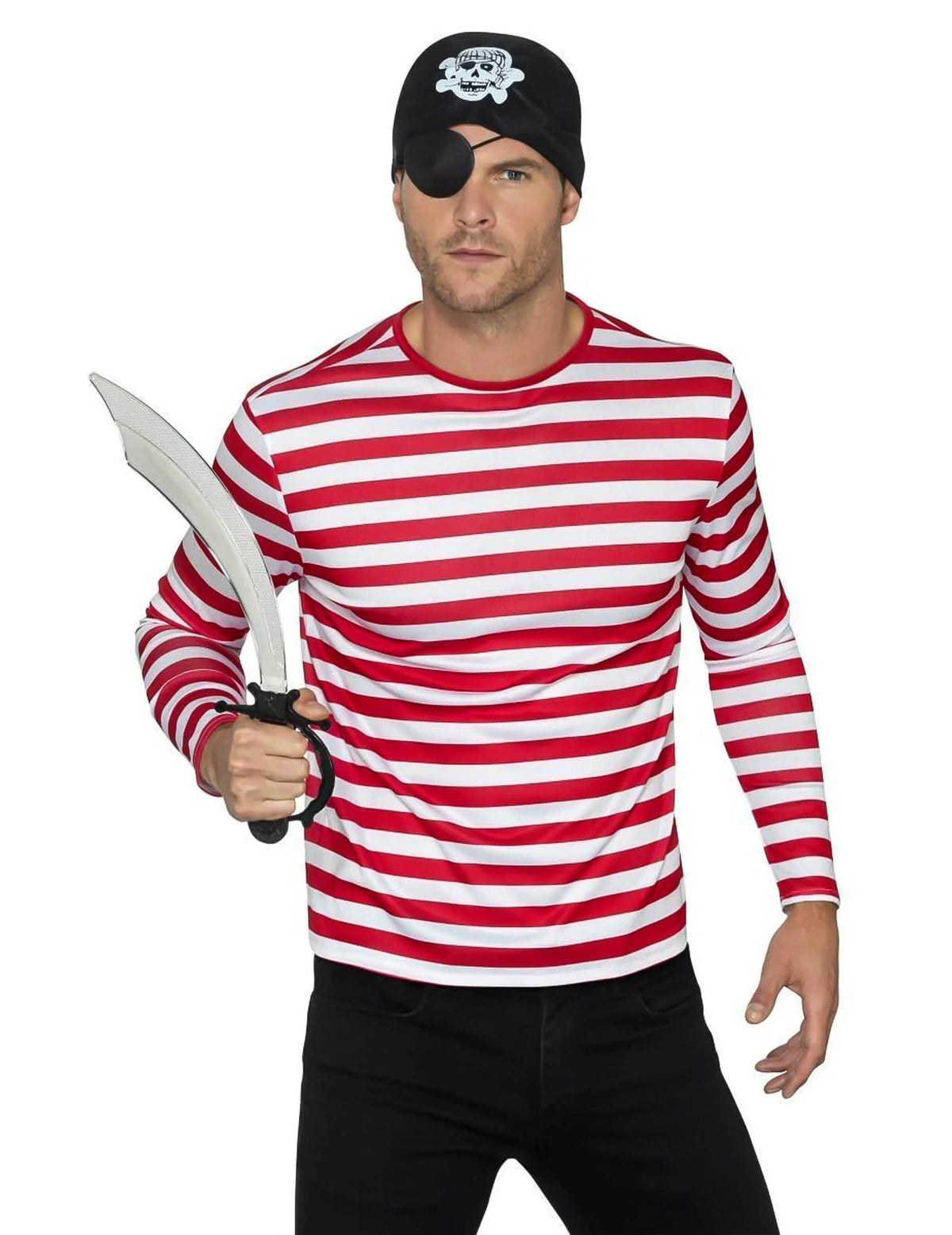 Vista con accesorios de pirata de la camiseta rayada para adulto rojo y blanco de manga larga