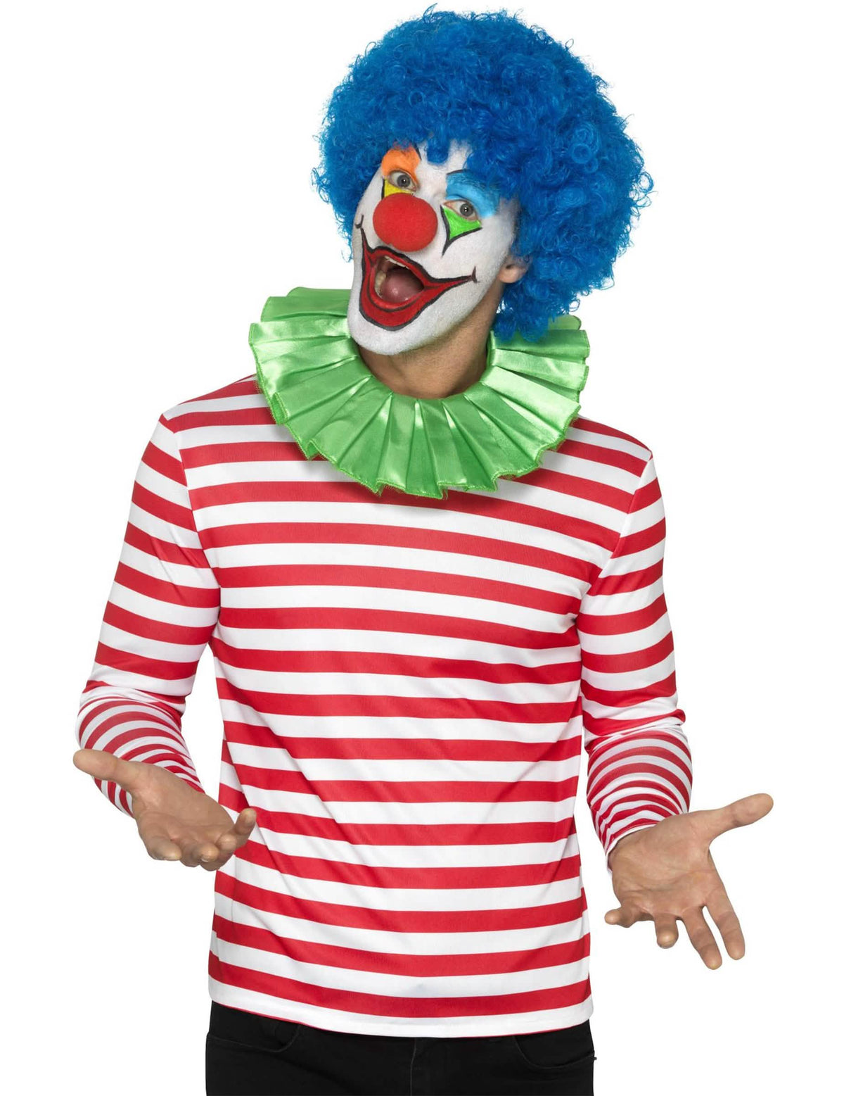 Vista con accesorios de payaso de la camiseta a rayas para adulto rojo y blanco de manga larga