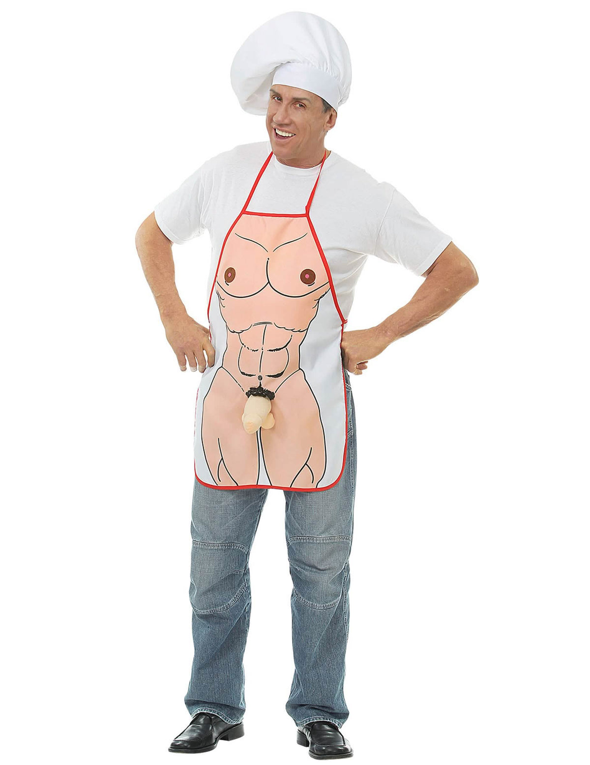 Delantal sexy zizi para adulto blanco con cuerpo musculoso y relieve humorísticos