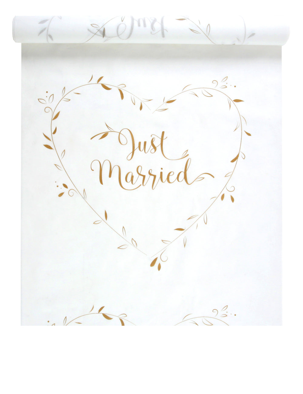 Tapis de cérémonie Just Married pour mariage blanc et or avec motif cœur feuillage