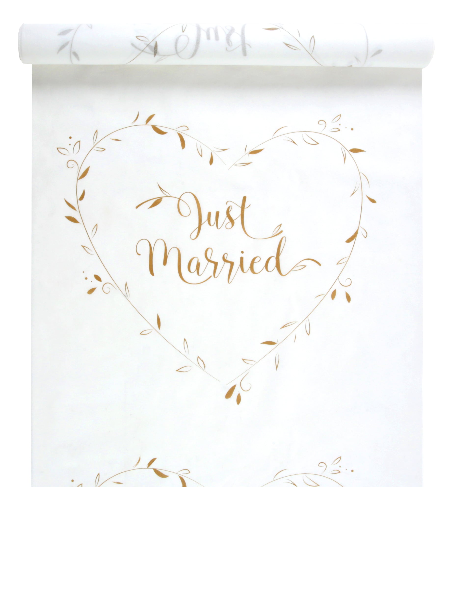 Tapis de cérémonie Just Married pour mariage blanc et or avec motif cœur feuillage