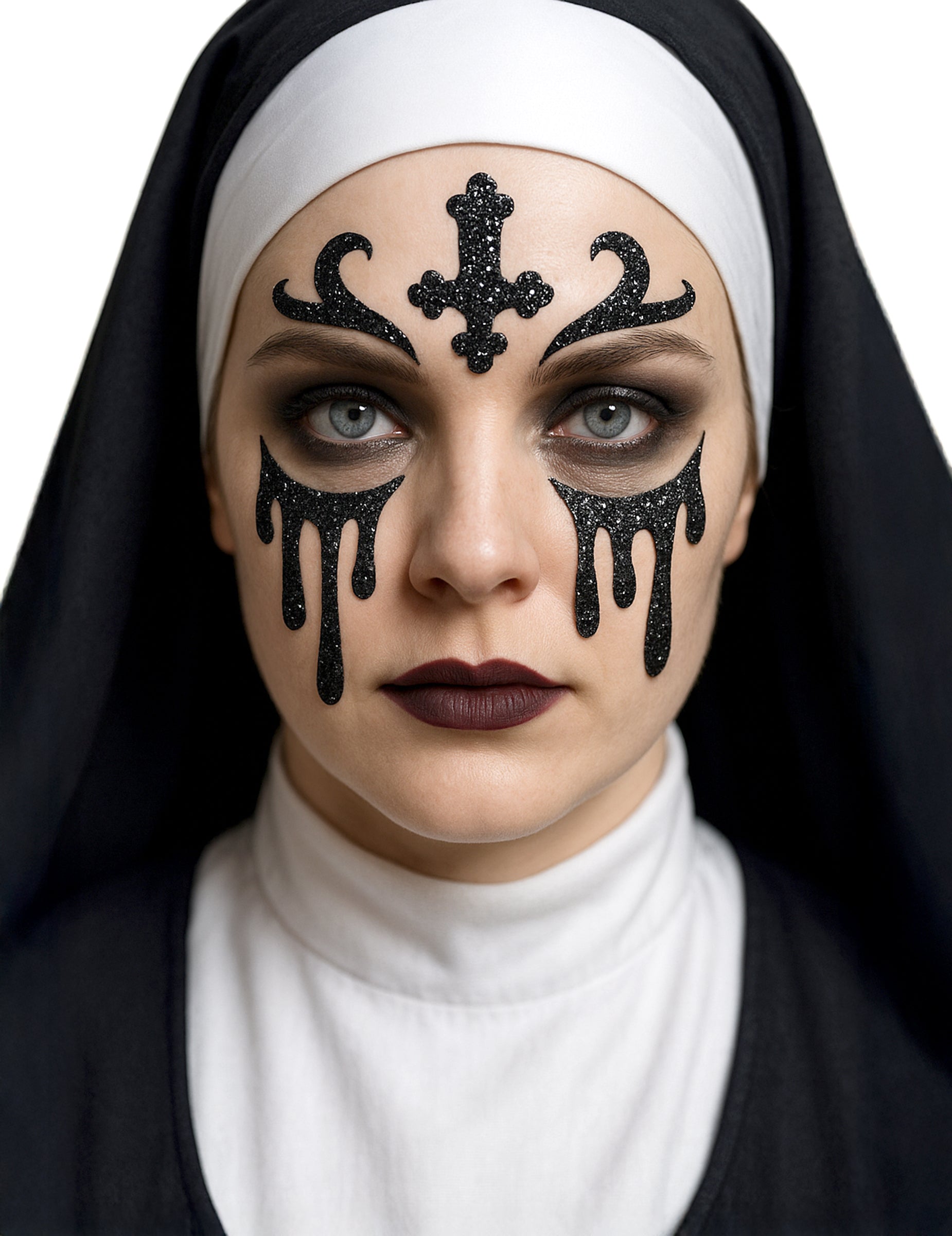 Tatouages pailletés de nonne pour femme noirs avec croix et larmes