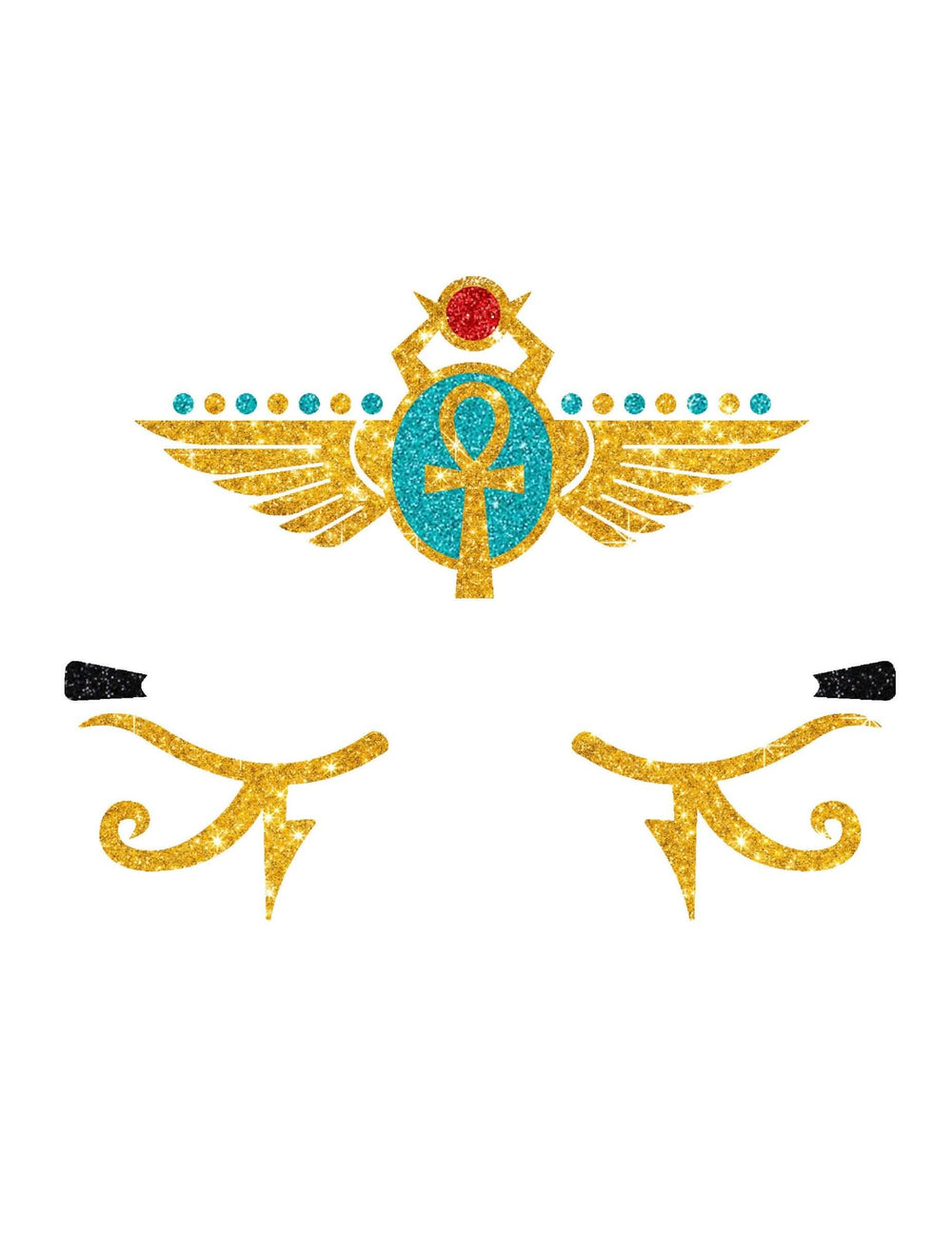 Détail des motifs de scarabée et d'yeux des tatouages pailletés reine d'Egypte