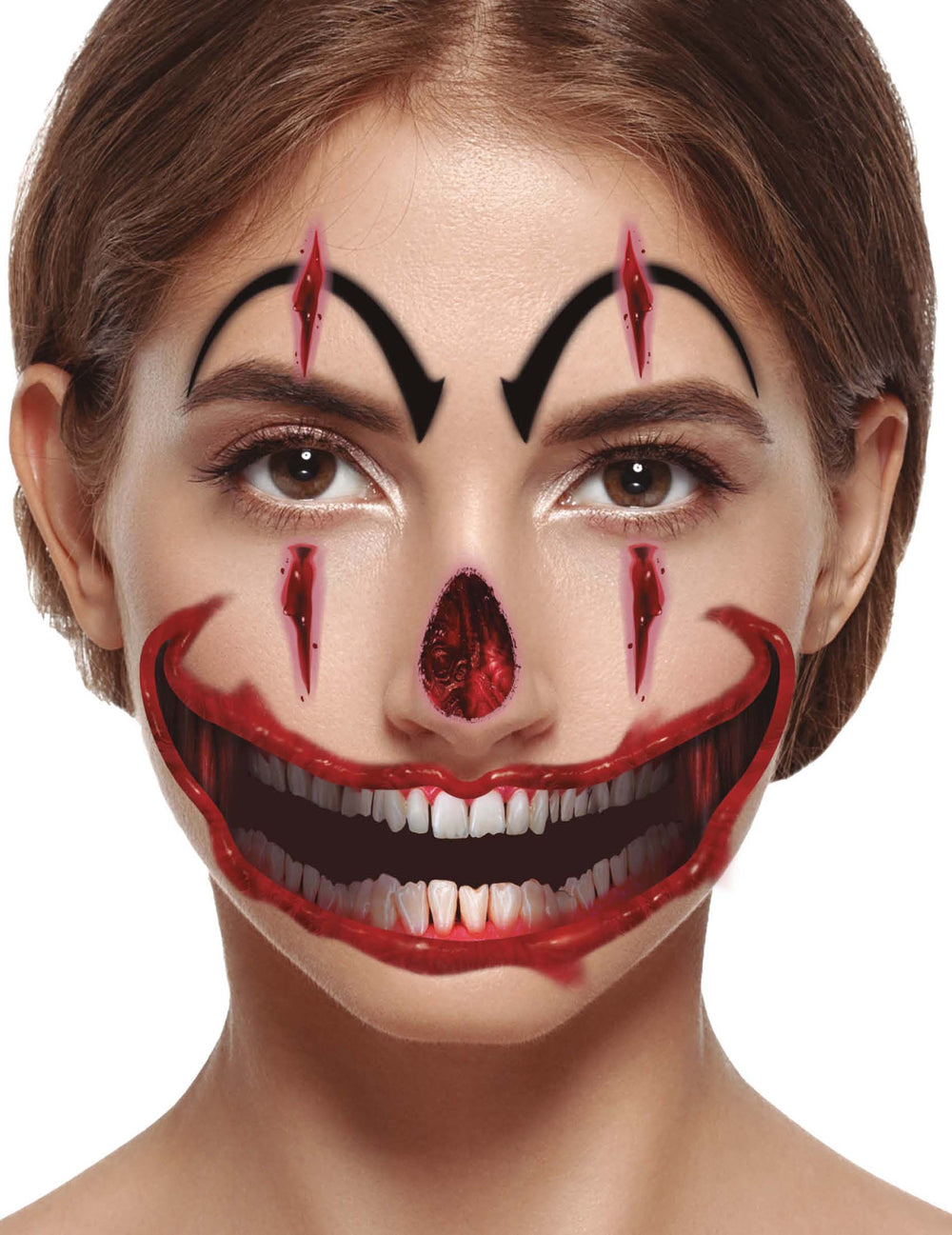 Tatouages visage clown maléfique pour adulte rouges et noirs avec bouche sanglante