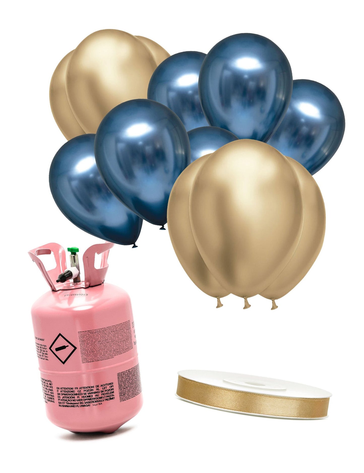 Kit de cilindro de helio con 6 globos azul marino 6 globos dorados y una cinta