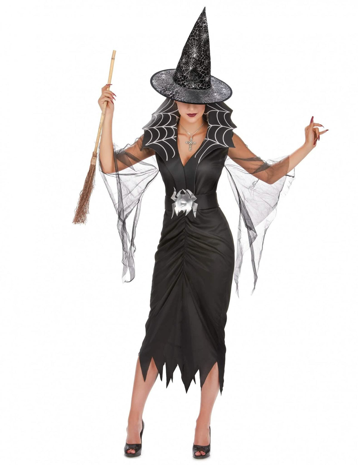 Kit disfraz bruja araña mujer con escoba y sombrero Halloween