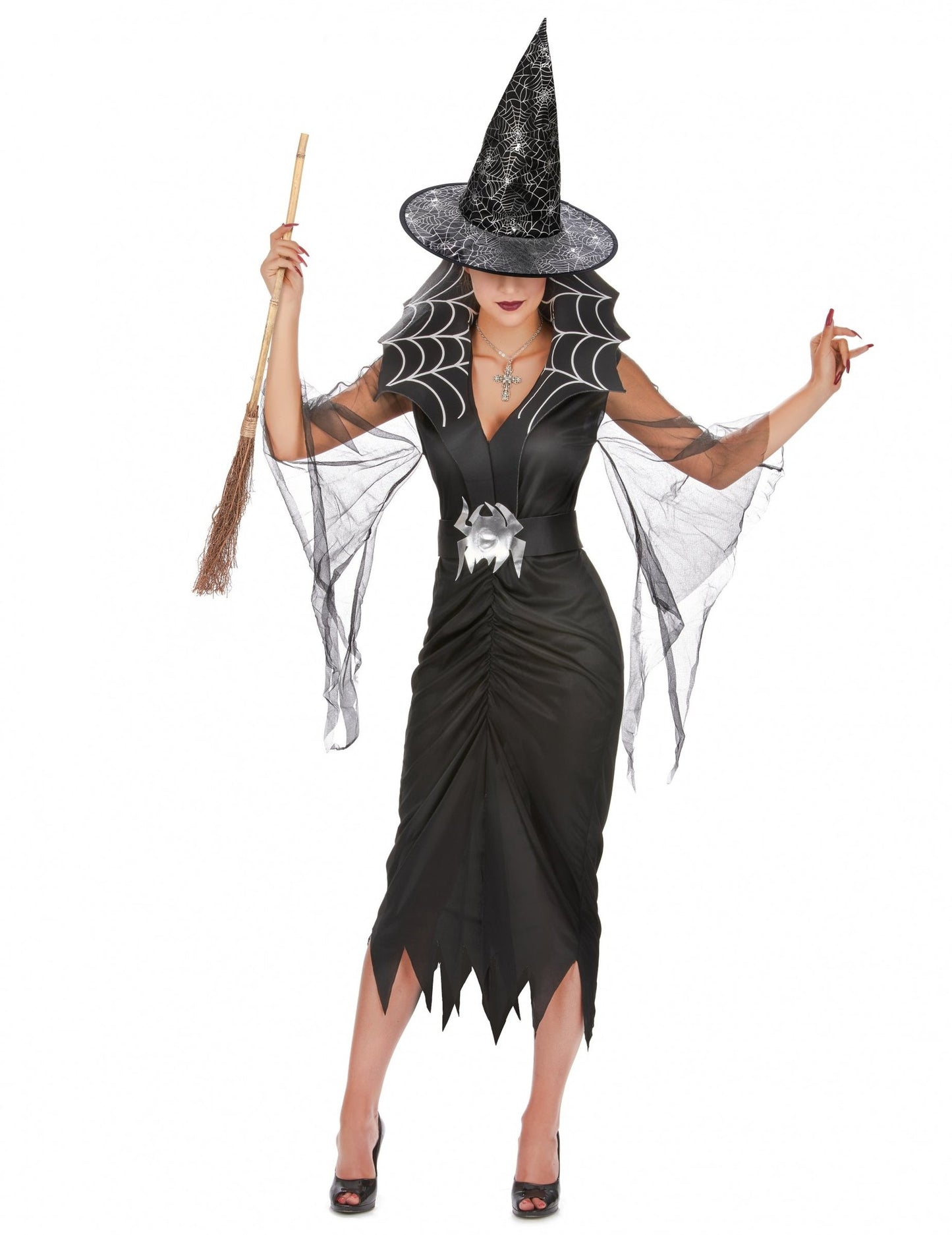 Kit disfraz bruja araña mujer con escoba y sombrero Halloween