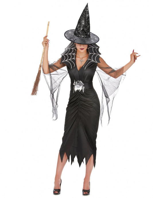 Kit disfraz bruja araña mujer con escoba y sombrero Halloween
