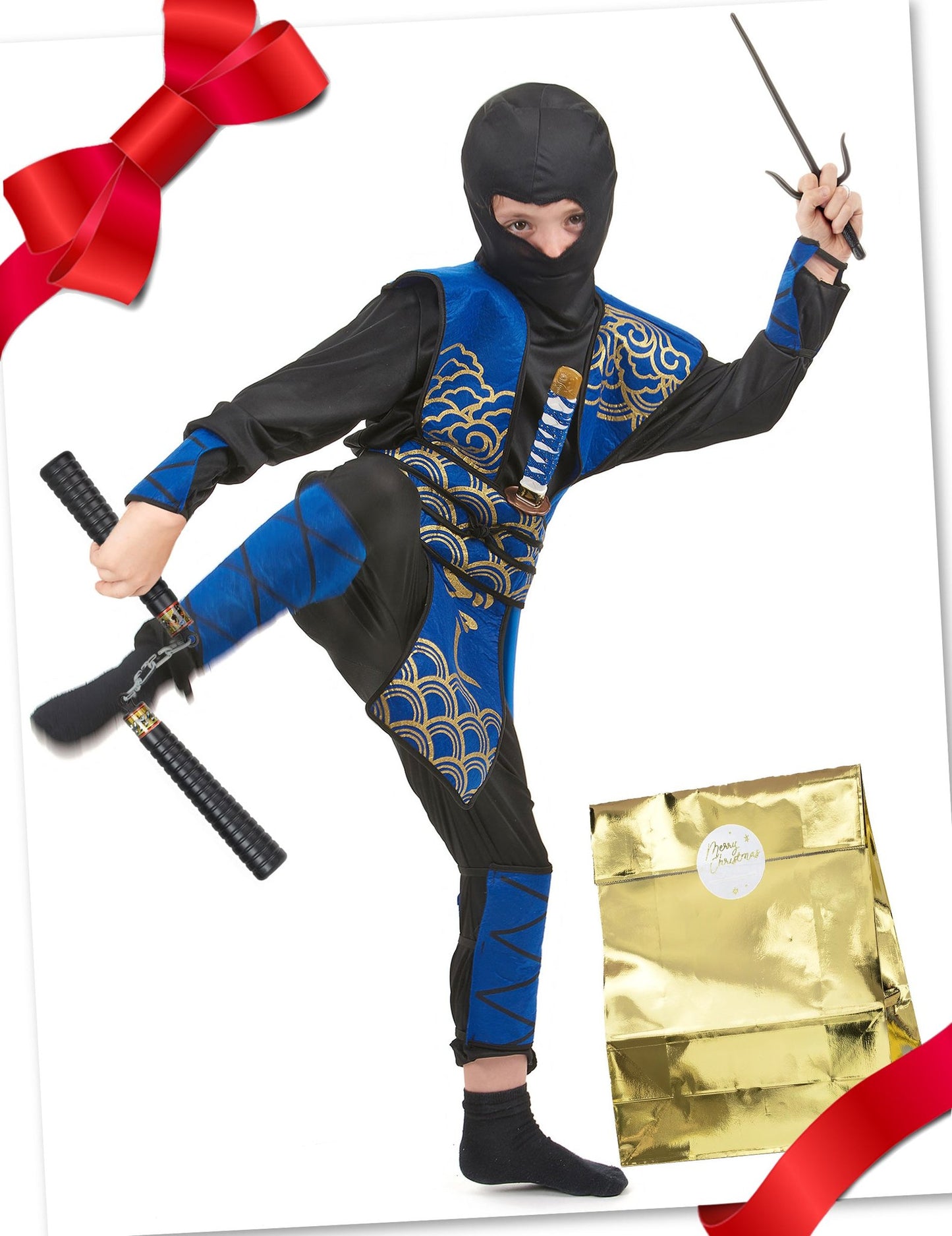 Cofre de regalo disfraz ninja azul con accesorios niños