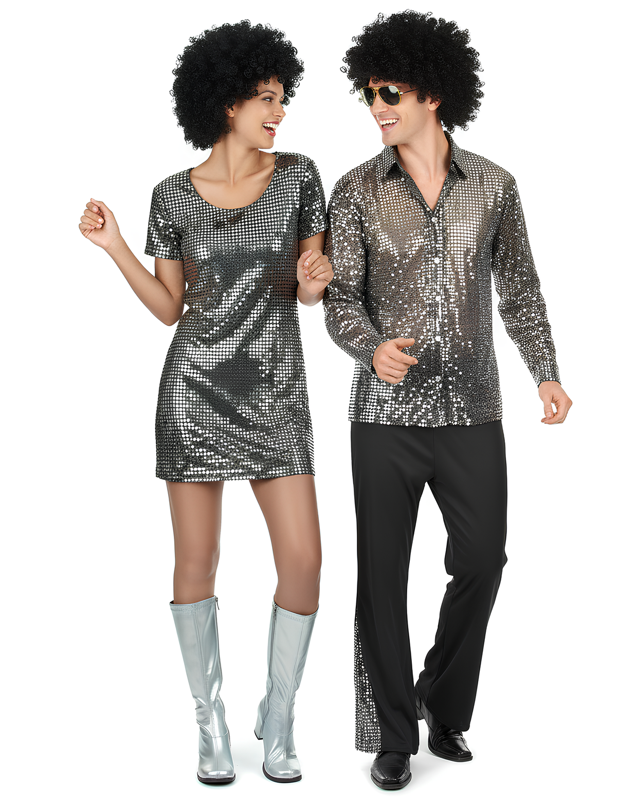 Déguisement de couple disco pour adultes argent à paillettes