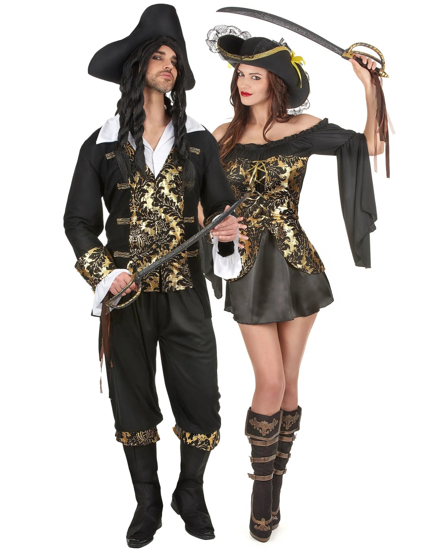 Disfraz de pareja de piratas con estampado de adulto