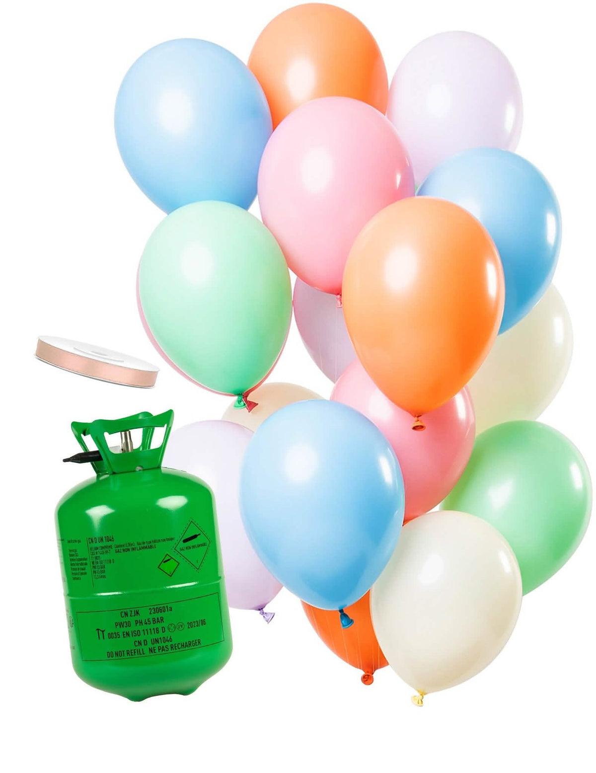 Kit de cilindro de helio con 15 globos pastel y cinta de raso