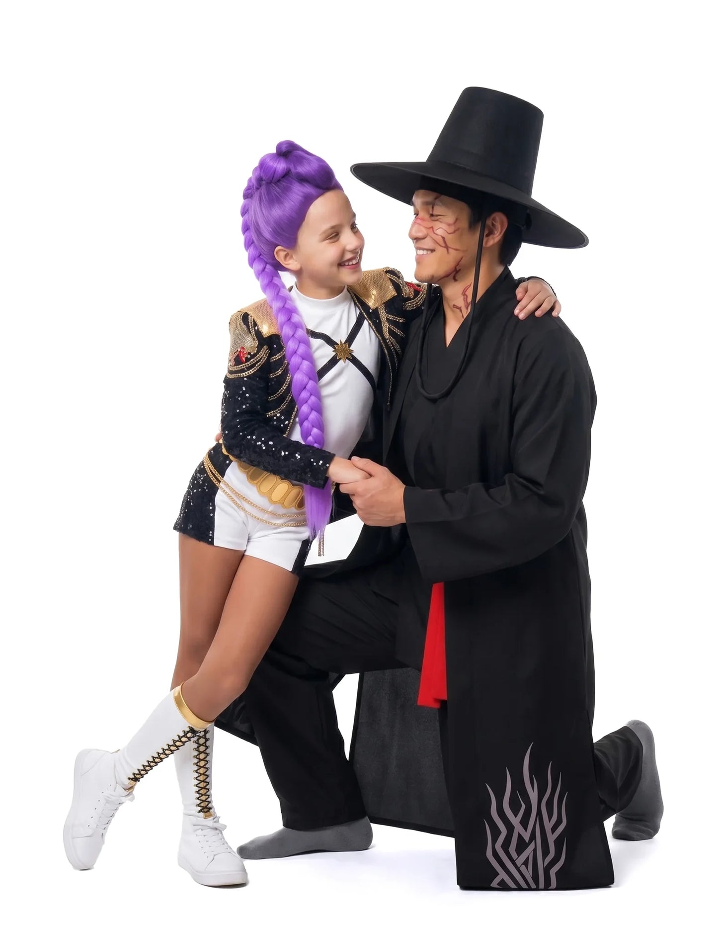Disfraz de pareja de Rumi™ y demonio Kpop Demon Hunters™ para padre e hija