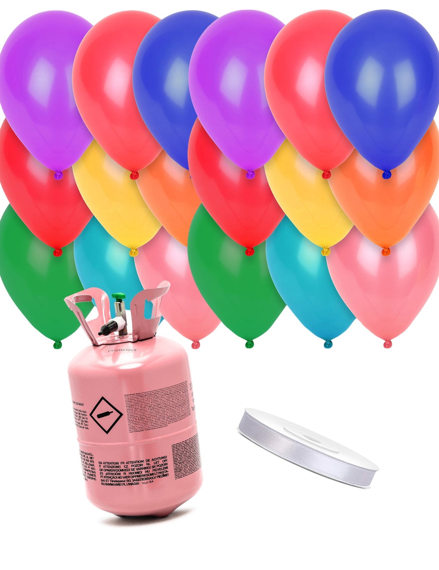 Kit de botella de helio con 24 globos multicolores y cinta