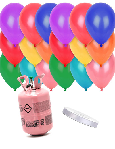 Kit de botella de helio con 24 globos multicolores y cinta