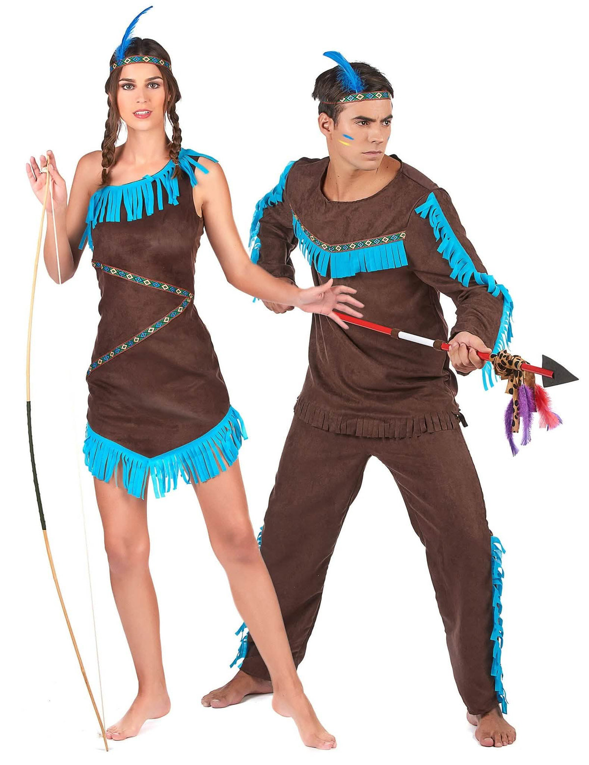 Disfraz de indio y pareja de indios marrón para adulto