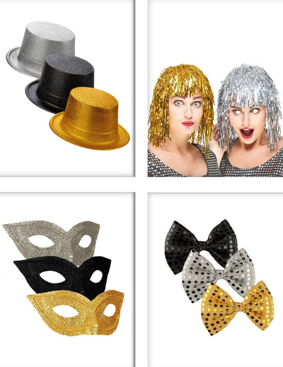 Kit accesorios de fiesta negro, dorado y plateado