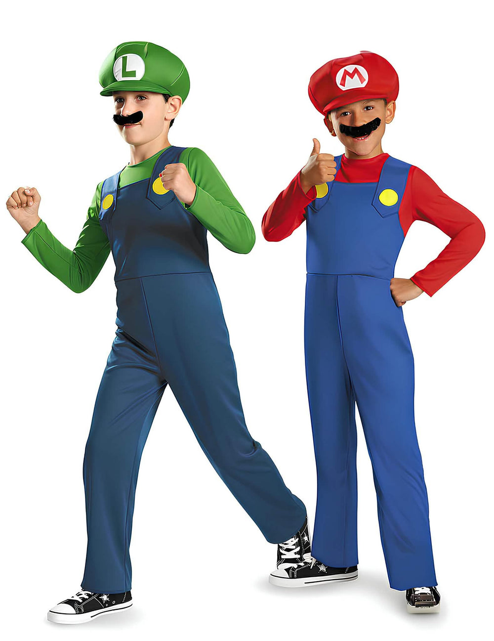 Déguisement de couple Mario et Luigi pour enfants rouge et vert avec casquettes et moustaches