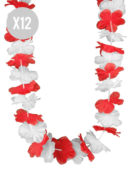 Lote de 12 collares hawaianos rojos y blancos para adulto