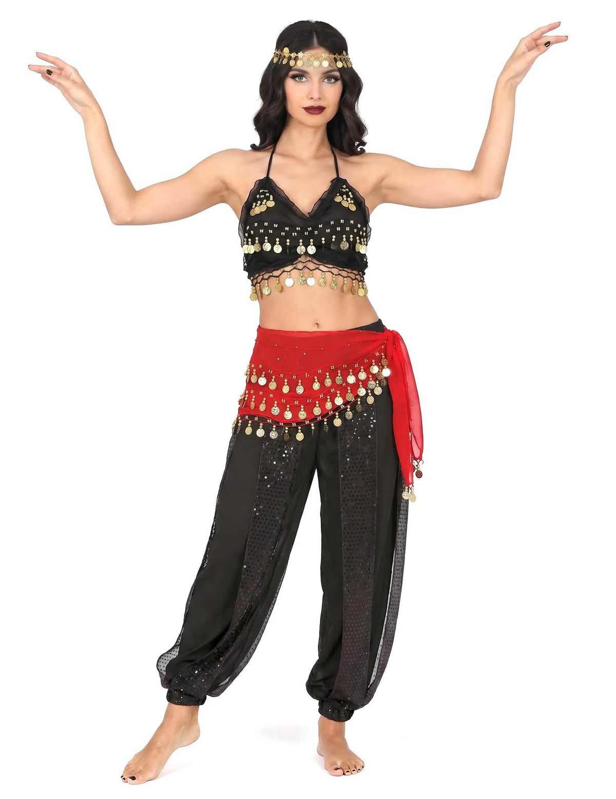 Disfraz completo de bailarina oriental negro y rojo para mujer